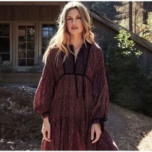 DOEN Azalea Burgundy Floral Paisley Velvet  Balloon Sleeve Boho Mini Dress Small